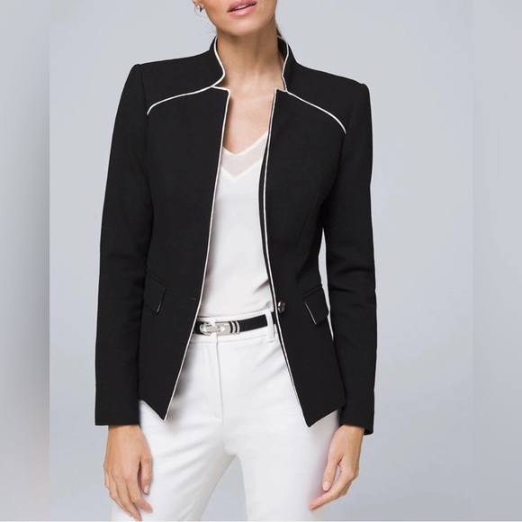WHITE HOUSE BLACK MARKET WHBM Piped Contrast Blazer Black White Trim Size 2 NWT - Picture 1 of 11